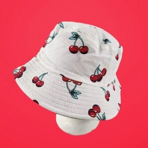 White Bucket Summer Hat w/ Red Cherries Reversible to Black One Size Outdoors
